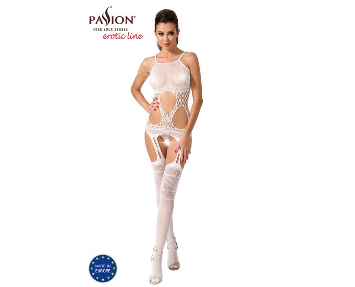 Бодістокінг Passion BS047 white, комбінезон, імітація топа, панчох і пояса