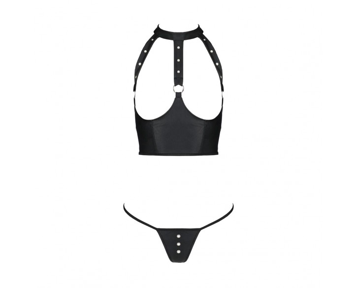 Комплект білизни з відкритими грудьми Passion GENEVIA SET WITH OPEN BRA XXL/XXXL black, корсет, стрі