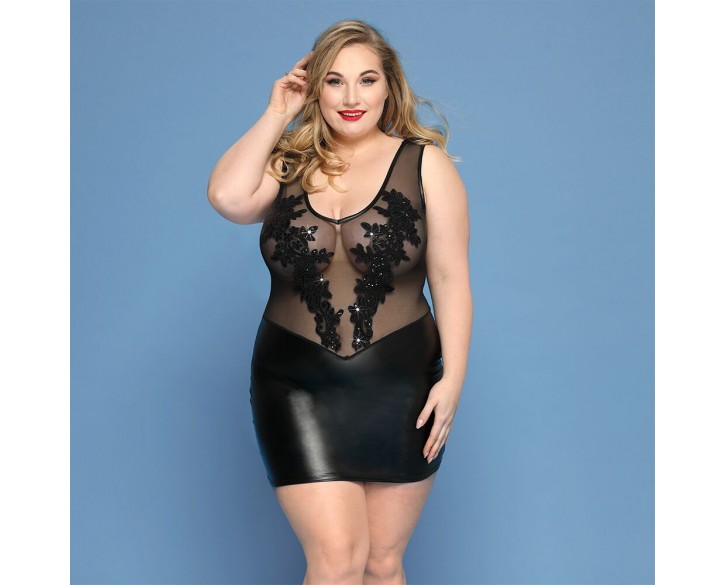 Елегантна сукня JSY «Леді Софія» Plus Size, black, дрібна сітка, вишивка, екошкіра