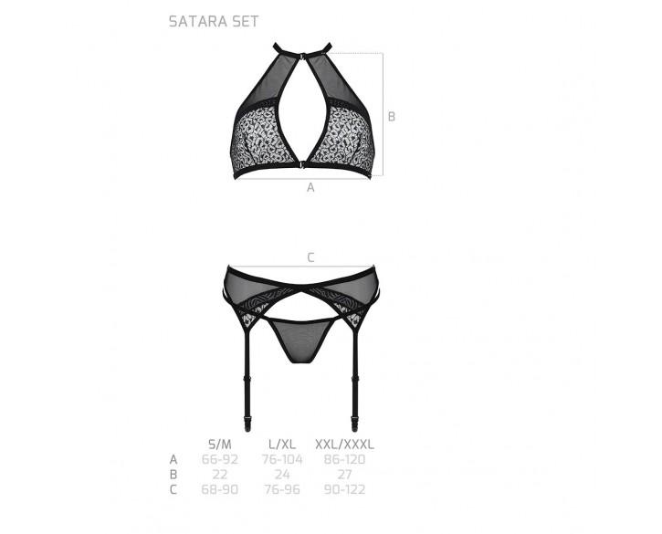 Комплект білизни Passion SATARA SET L/XL black, топ, пояс для панчіх, стрінги