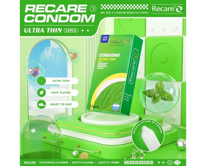 Презервативи Ultra Thin Mint Condoms Recare 12 шт, ультратонкі, аромат: м'ята