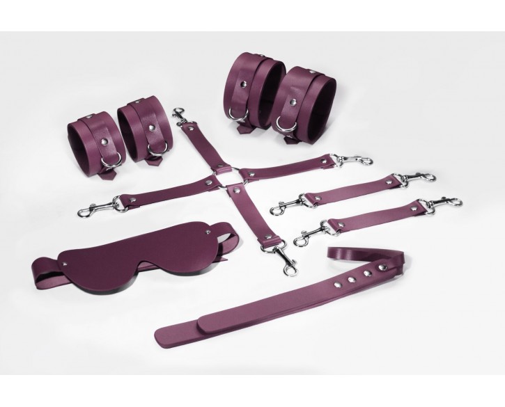 Набір Feral Feelings BDSM Kit 5 Burgundy, наручники, поножі, хрестовина, маска, падл