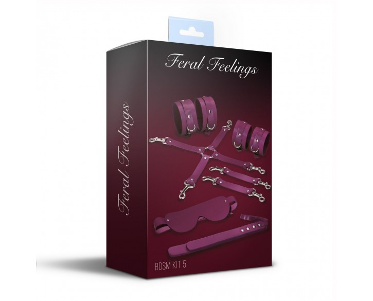 Набір Feral Feelings BDSM Kit 5 Burgundy, наручники, поножі, хрестовина, маска, падл