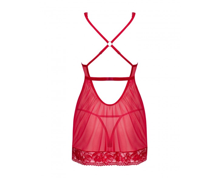 Прозора сорочка бебі-дол Obsessive Lacelove babydoll & thong XS/S Red, мереживо, стрінги