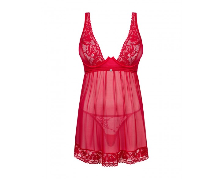 Прозора сорочка бебі-дол Obsessive Lacelove babydoll & thong XS/S Red, мереживо, стрінги