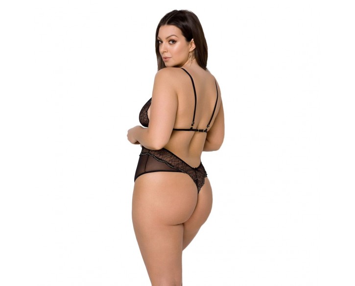 Боді Passion Amberly Body 6XL/7XL black, асиметричний крій, мереживний ліф, золота нитка