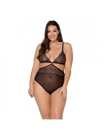 Боді Passion Amberly Body 6XL/7XL black, асиметричний крій, мереживний ліф, золота нитка