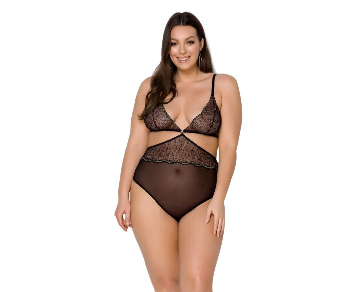 Боді Passion Amberly Body 6XL/7XL black, асиметричний крій, мереживний ліф, золота нитка