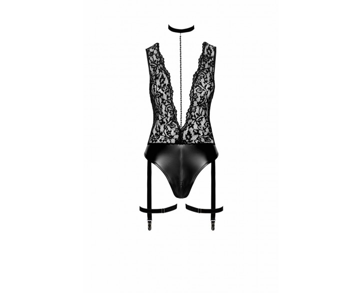 Боді Noir Handmade F297 Libido Deep-V bodysuit with collar, pearl chain and garter - 3XL