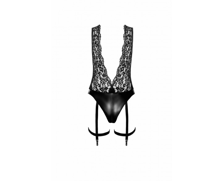 Боді Noir Handmade F297 Libido Deep-V bodysuit with collar, pearl chain and garter - 3XL