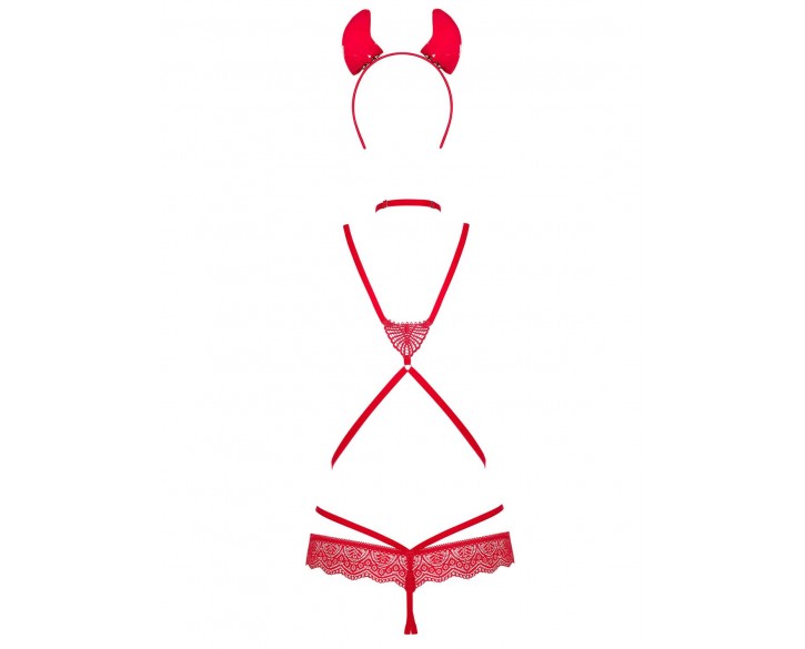 Еротичний костюм чортика зі стреп Obsessive Evilia teddy red L/XL, боді, чокер, накладки на соски, о