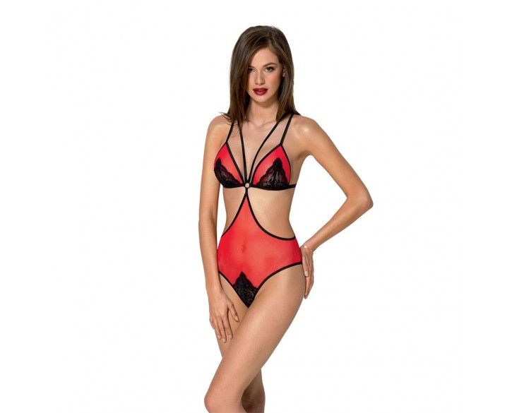 Напівпрозоре боді з мереживом Passion PEONIA BODY S/M red