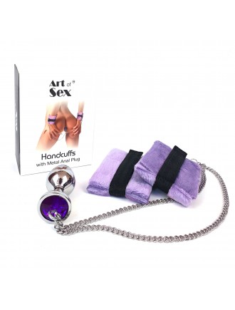 Наручники з металевою анальною пробкою Art of Sex Handcuffs with Metal Anal Plug size M Purple