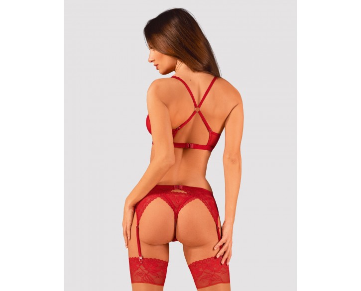 Комплект білизни Obsessive Lacelove cupless 3-pcs set M/L Red, бюстгальтер, стрінги, пояс для панчіх