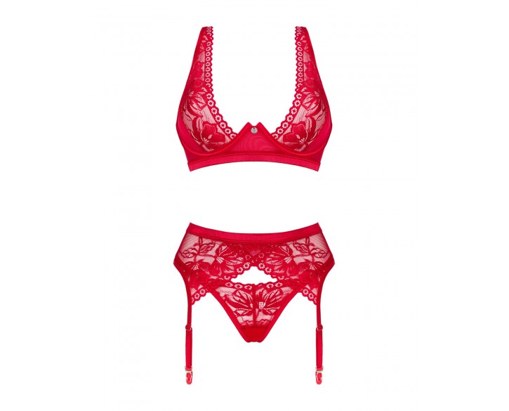 Комплект білизни Obsessive Lacelove cupless 3-pcs set M/L Red, бюстгальтер, стрінги, пояс для панчіх