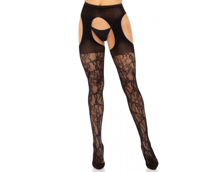 Панчохи Leg Avenue Eyelet lace suspender hose Black One Size