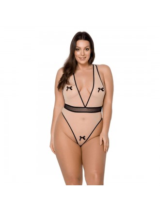 Боді Passion Viena Body 4XL/5XL beige, контрастне, бантики, вставка-сітка, відкриті сідниці