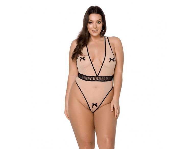 Боді Passion Viena Body 4XL/5XL beige, контрастне, бантики, вставка-сітка, відкриті сідниці