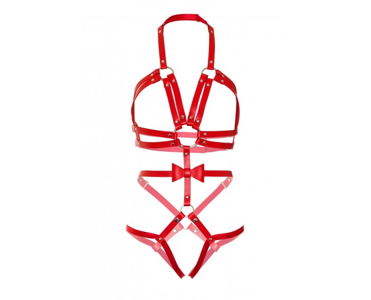 Портупея-тедді з ременів Leg Avenue Studded O-ring harness teddy S Red, екошкіра