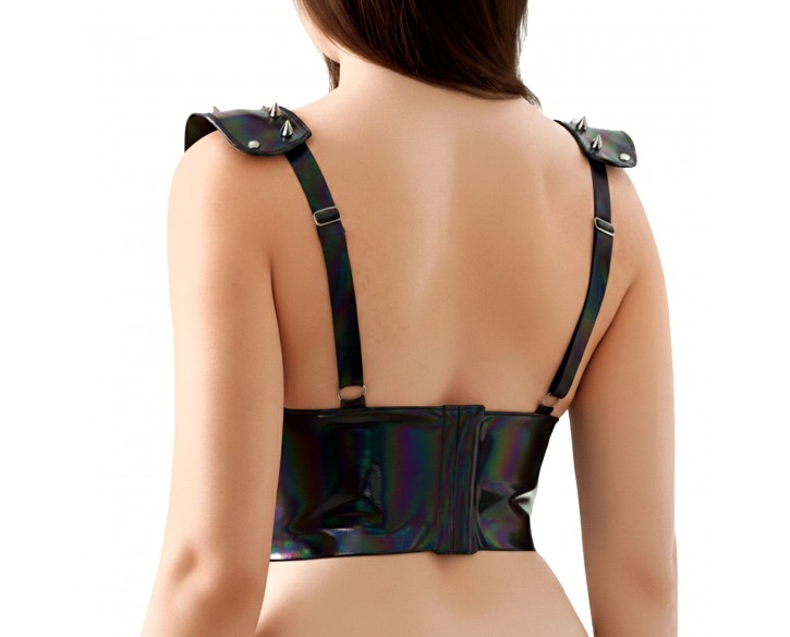 Лакований вініловий ліф з шипами Art of Sex - Mistress, чорний з ефектом голограми, розмір M