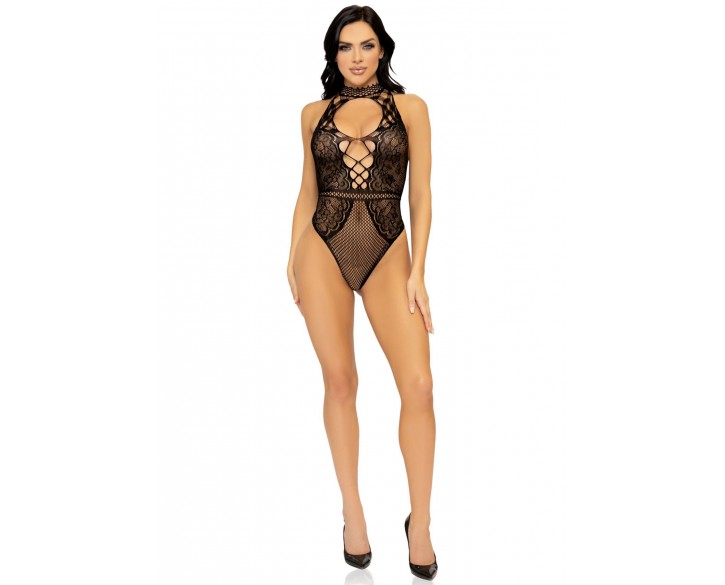 Leg Avenue Net and lace halter bodysuit OS Black