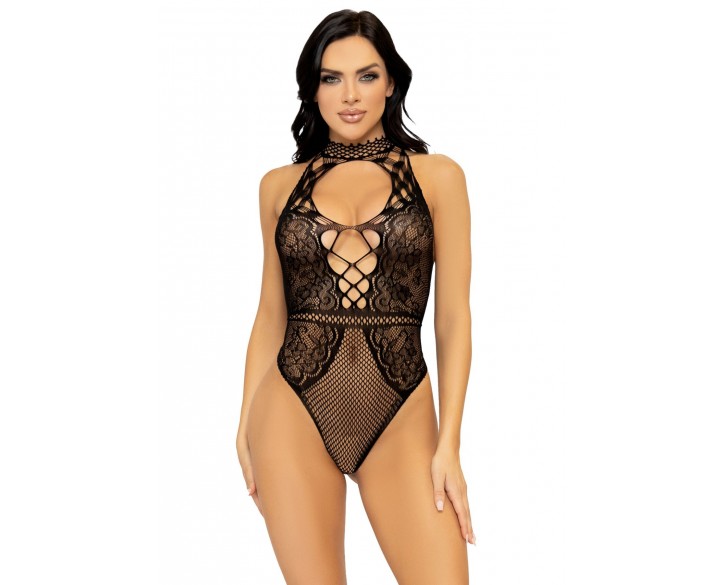 Leg Avenue Net and lace halter bodysuit OS Black