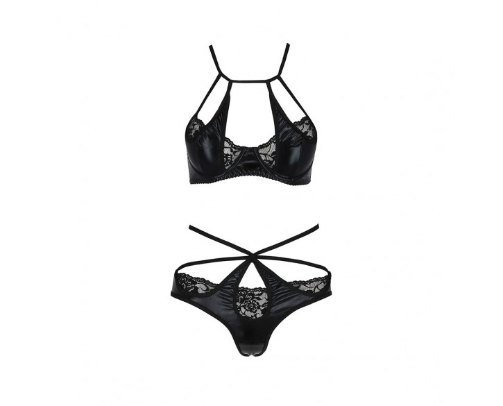 Комплект білизни Passion NAVEL SET black L/XL Black, трусики, ліф, мереживні та латексні вставки