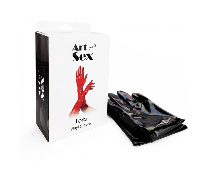 Глянсові вінілові рукавички Art of Sex - Lora, розмір S, колір чорний з ефектом голограми