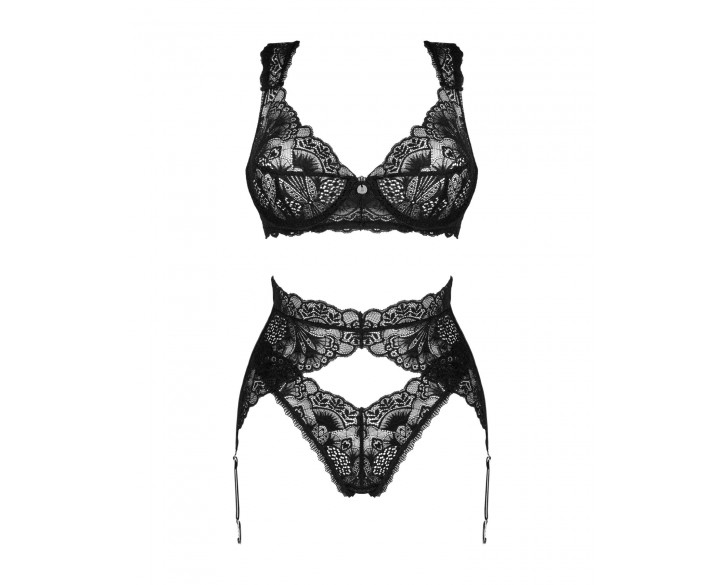 Комплект білизни Obsessive Donna Dream 3-pcs set M/L Black, бюстгальтер, стрінги, пояс для панчіх