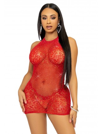 Сукня-сітка зі стразами Leg Avenue Rhinestone halter mini dress Red, відкрита спина, one size