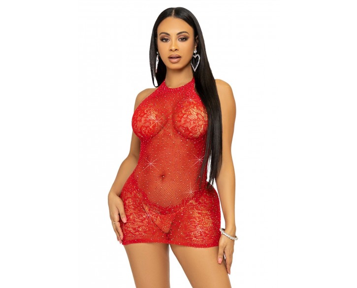 Сукня-сітка зі стразами Leg Avenue Rhinestone halter mini dress Red, відкрита спина, one size