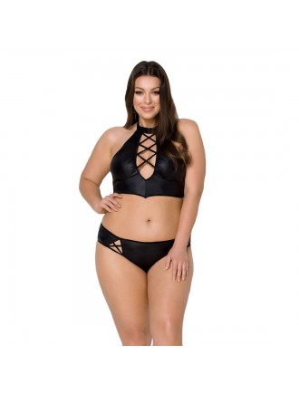 Комплект з екошкіри Passion Nancy Bikini 4XL/5XL black, бра та трусики з імітацією шнурівки