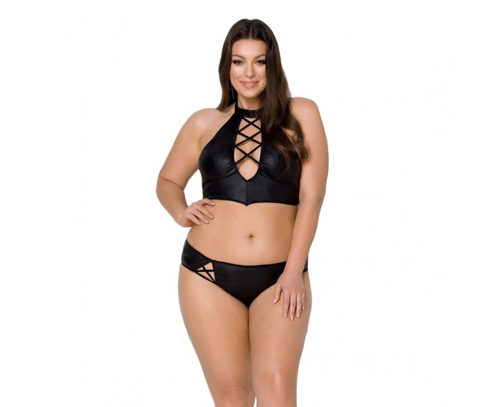 Комплект з екошкіри Passion Nancy Bikini 4XL/5XL black, бра та трусики з імітацією шнурівки