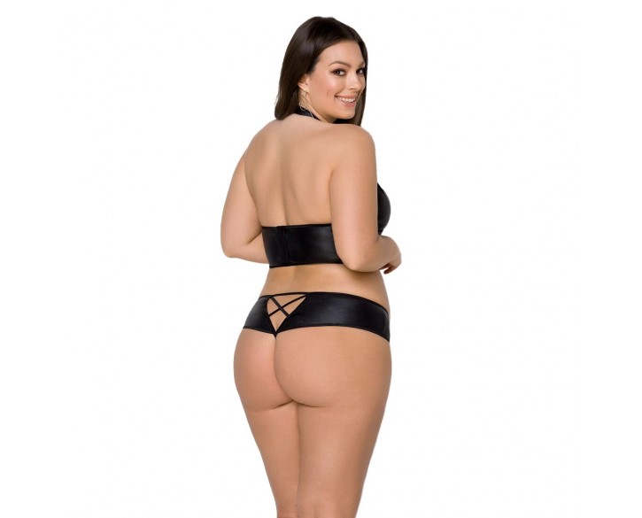 Комплект з екошкіри Passion Nancy Bikini 4XL/5XL black, бра та трусики з імітацією шнурівки