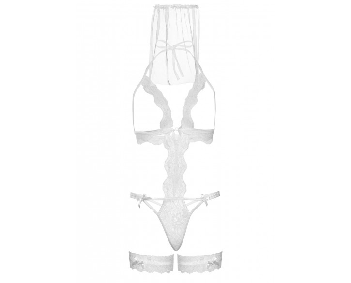 Костюм нареченої Leg Avenue G-string teddy, veil & garter One size White, з відкритими грудьми