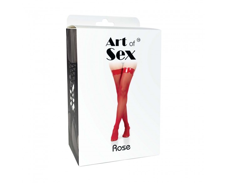 Панчохи в дрібну сітку з лакованою коронкою Art of Sex - Rose, колір червоний, S