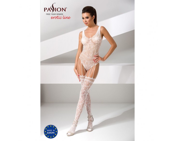 Бодістокінг Passion BS051 white, комбінезон, імітація панчох і боді