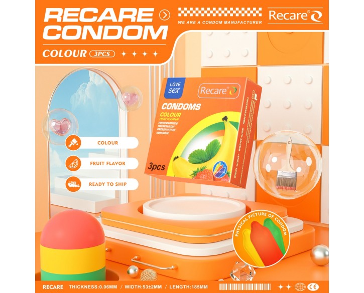 Презервативи Recare Color Fruit Flavour Condoms 3 шт, аромати: м'ята, банан, полуниця