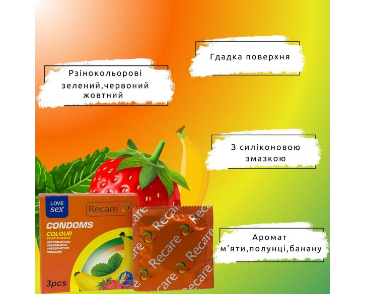 Презервативи Recare Color Fruit Flavour Condoms 3 шт, аромати: м'ята, банан, полуниця