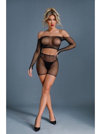 Бодістокінг Caprice Lingerie Model 07 One size Black, топ, велосипедки, сітка зі стразами