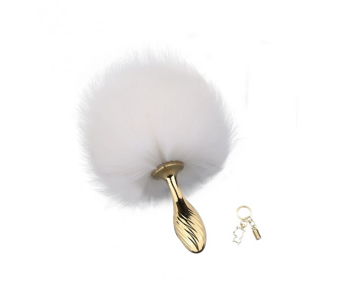 Металева анальна пробка Кролячий хвост LOCKINK SEVANDA White Bunny-Tail Anal Pear-shape Plug