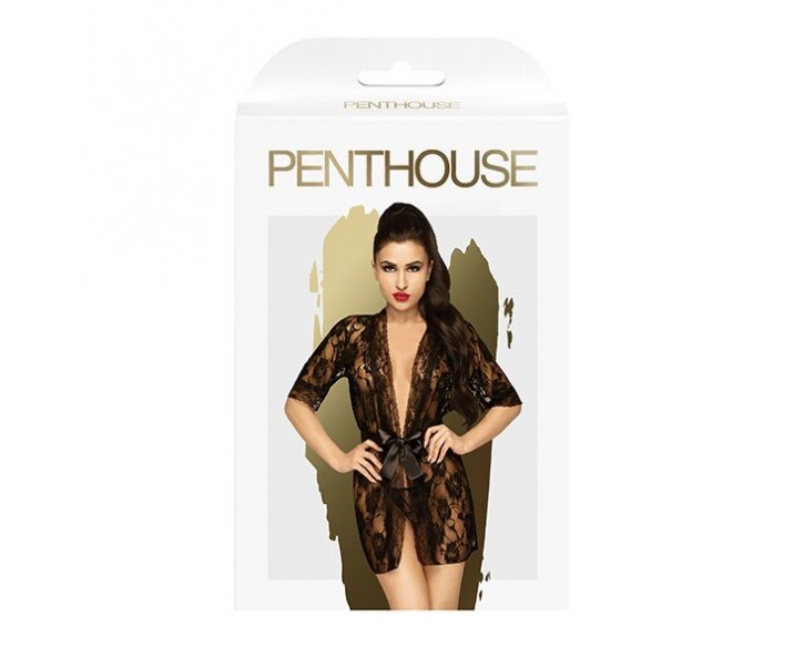 Комплект пеньюар з декором у вигляді троянд та стрінгами Penthouse - Sweet Retreat Black S/L