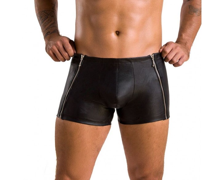 Чоловічі шкіряні боксери з блискавками Passion 049 Short Matt XXL/XXXL Black