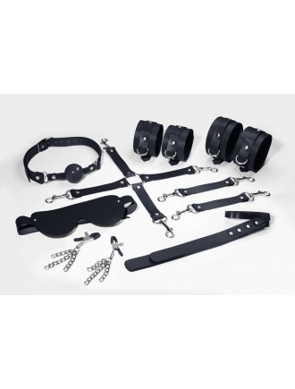 Набір Feral Feelings BDSM Kit 7 Black, наручники, поножі, конектор, маска, падл, кляп, затискачі