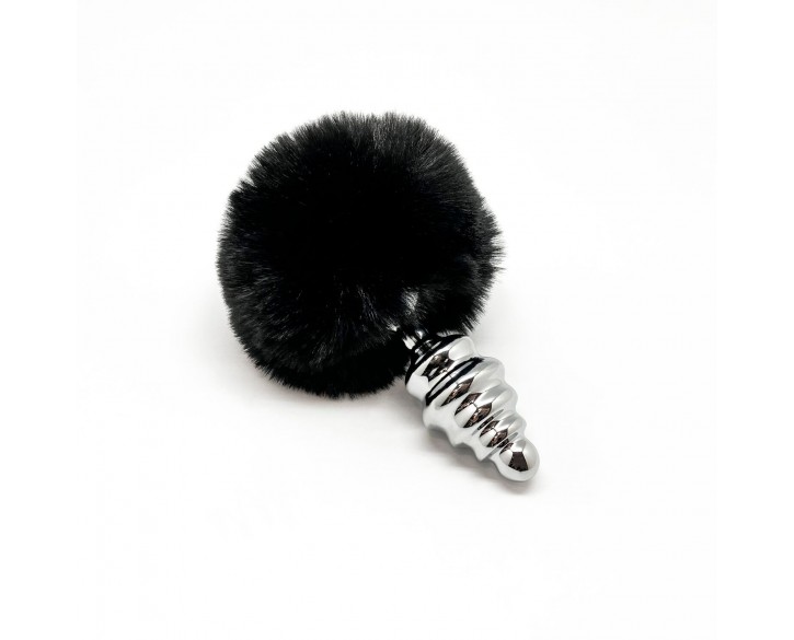 Металева анальна пробка Кролячий хвостик Alive Fluffy Twist Plug M Black, діаметр 3,4 см