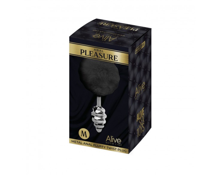 Металева анальна пробка Кролячий хвостик Alive Fluffy Twist Plug M Black, діаметр 3,4 см