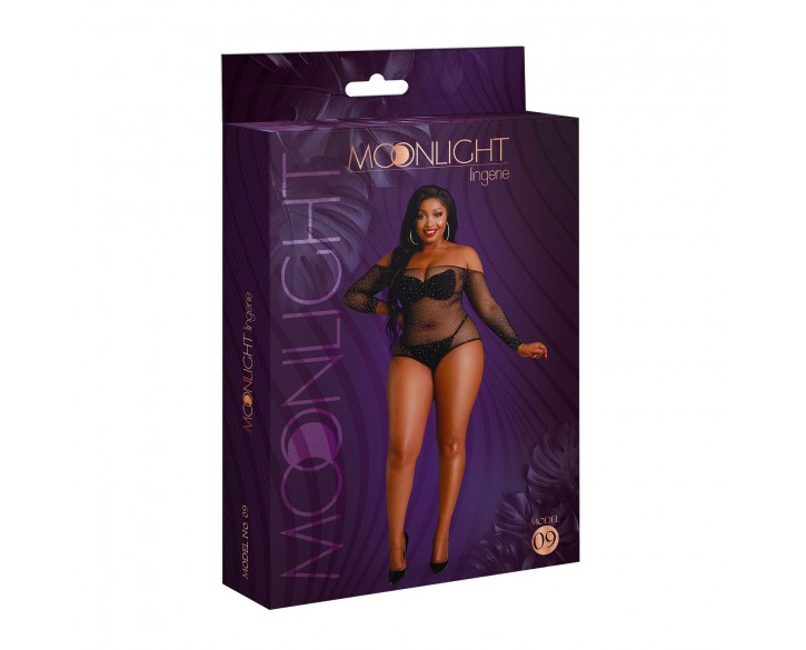 Сітчасте боді зі стразами Moonlight Plus Model 09 XL-XXXL Black, відкриті плечі