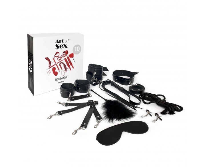 Набір Art of Sex - BDSM Set Leather, 10 предметів, натуральна шкіра, Чорний