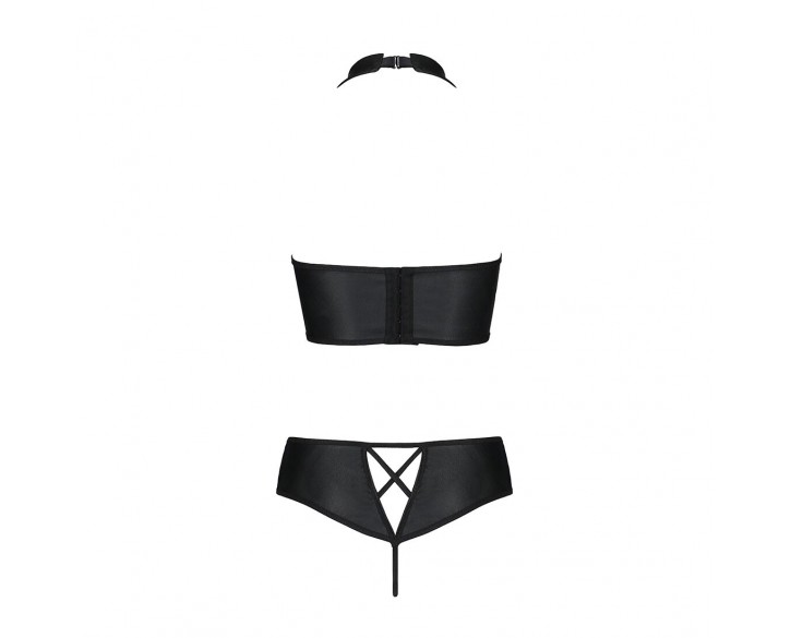 Комплект з еко-шкіри Nancy Bikini black L/XL - Passion, бра та трусики з імітацією шнурівки