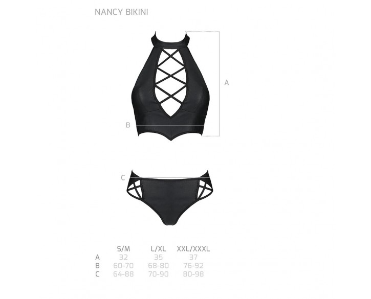 Комплект з еко-шкіри Nancy Bikini black L/XL - Passion, бра та трусики з імітацією шнурівки